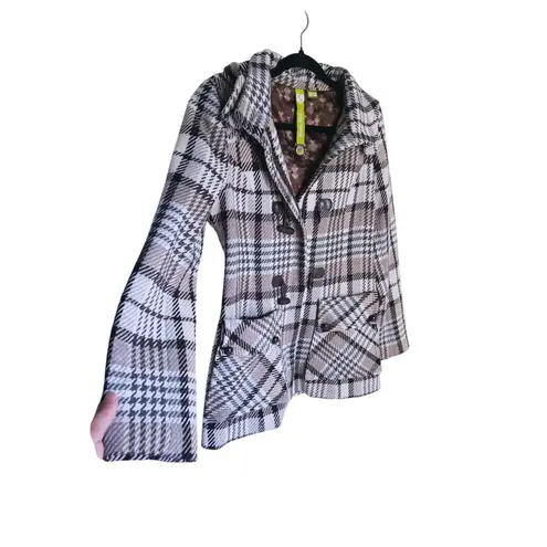 SOIA & KYO Wool Plaid Houndstooth Jacket Cream Toggle Full Zip Medium Fall Layer