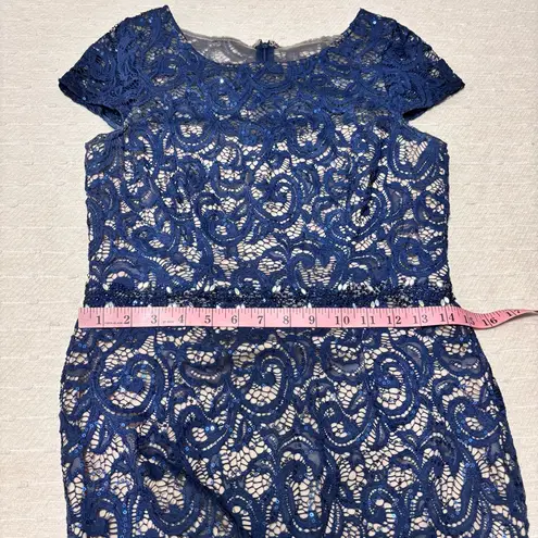 JACKIE JON Couture Navy & Nude Lace & Sequin Midi Dress Embellished Waistline 4 Blue