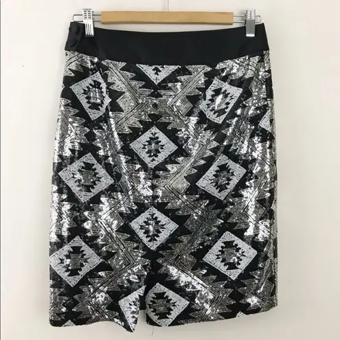 The Limited  Black Silver metallic Y2K sequin Aztec Western High Waist Pencil Skirt 2