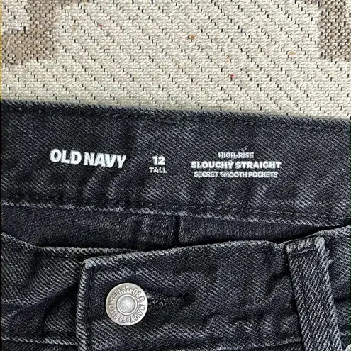 Old Navy  high rise slouchy straight distressed button fly black jeans, 12 tall