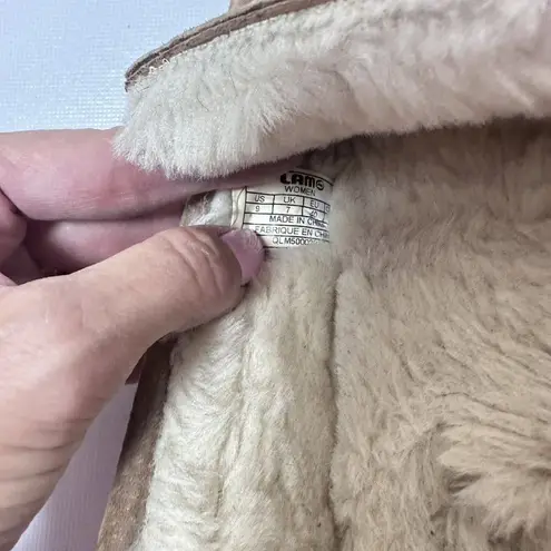 Lamo Slippers Womens 9 Tan Suede Fur Lining Moc Slip On Hard Sole Lounge Shoes Brown