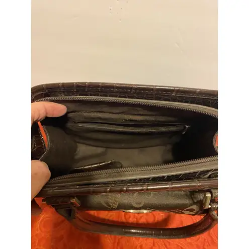 Faux Alligator & Fabric Handbag, Embossed Hearts Brown w/ Silver Heart Accents