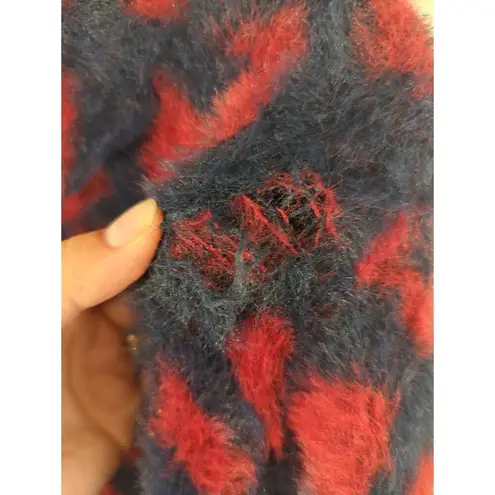 RTR Thakoon Navy Red Printed Fuzzy Mock Neck Pullover Sweater Size M soft Blue Size M