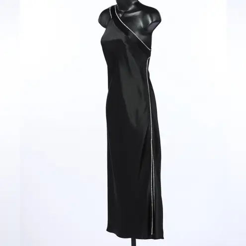 Michelle Mason NWT  Black Satin Asymmetrical Cross Body Strap Midi Dress