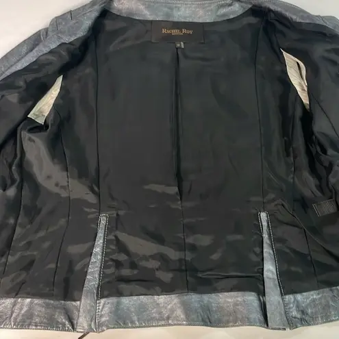 Fitted soft leather graphite pewter metallic 3/4 sleeve pockets pleated zippers Gray Size 12