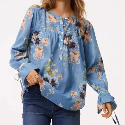 Loft  Popover Blouse Light Blue Metallic Floral