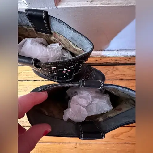 Seychelles Floral Embroidered Black Leather Cowboy Heeled Boots