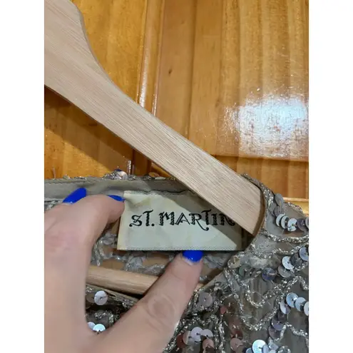 Vintage St. Martin Silver Sequin Beaded Blouse Top 80s Batwing Dolman Gray Size M