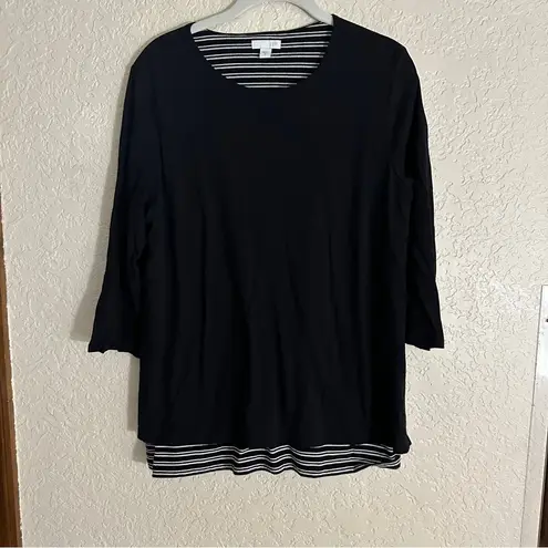J. Jill Womens Black White Striped Hem Knit Cotton 3/4 Sleeve Tunic Top Sz M Size M