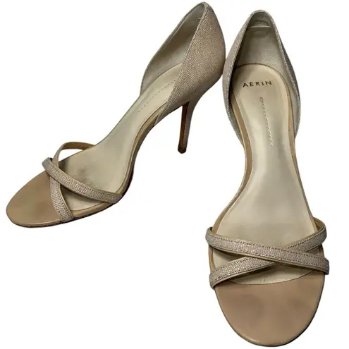 Aerin Women’s 8.5 Metallic Gild Sparkly Cream Canvas Varan Strappy D’Orsay Heels Gold