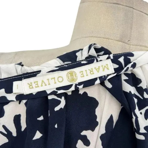 Marie Oliver White Navy Blue Floral Print Long Sleeve Silk Blouse Size Large