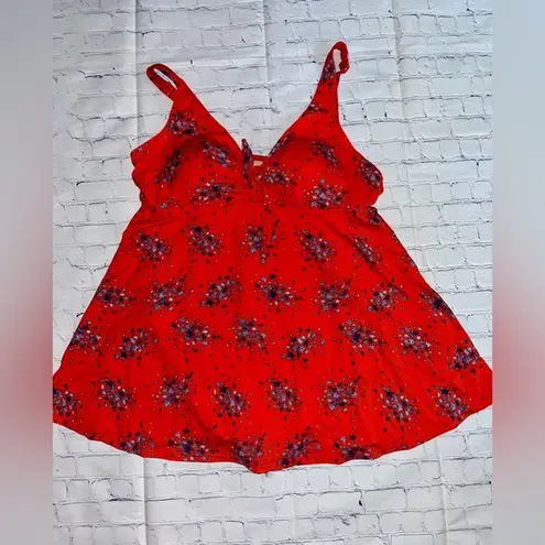 Red Floral Swim Top Tankini Ruched Front Swimsuit Top Summer Vacation Size 18