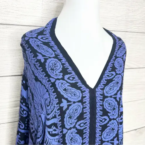 Boho Blue & Black Paisley Fringe Trim Pullover Kimono Festival Poncho Scarf