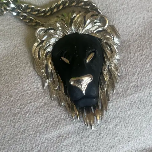 Vintage 1970s Luca Razza Large Collectible Black & Silver Lion Pendent Necklace Black
