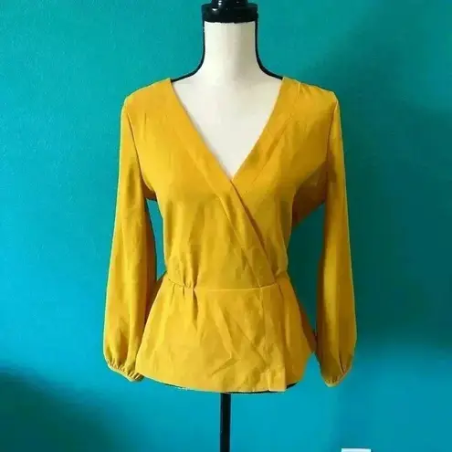 J. Crew Drapey Crepe Faux Wrap Top Yellow Peplum Tie Waist Surplice Blouse 6