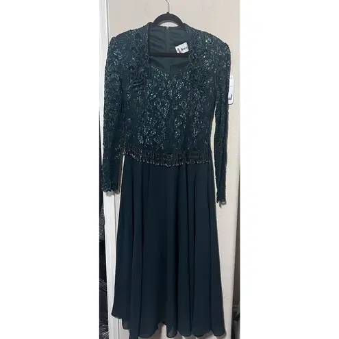 Vintage Green Cocktail Dress Sequins Beaded Midi Full Skirt Gown Sz 6/8