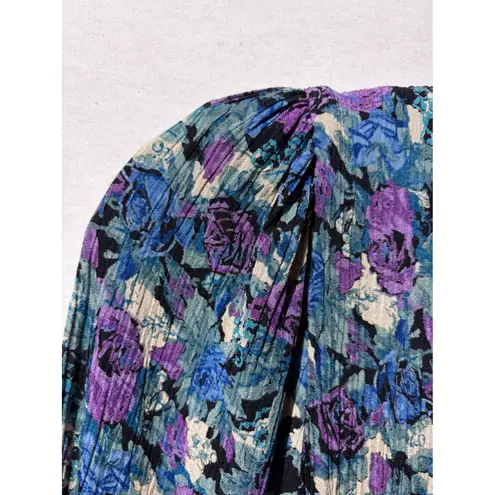 Vintage Floral Print Pleated Midi Dress Women's Long Sleeve Ruched Waist Purple Size 8