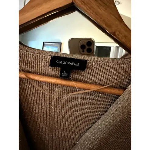 Calligraphie Gold Shimmer Wrap Sweater Metallic Knit Top Large Gray