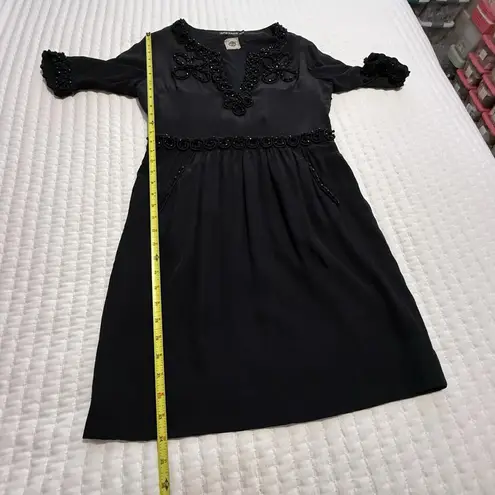 Antik Batik Dress Sz M 40 Short Sleeve 100% Silk Beaded Has Pockets Black Size M