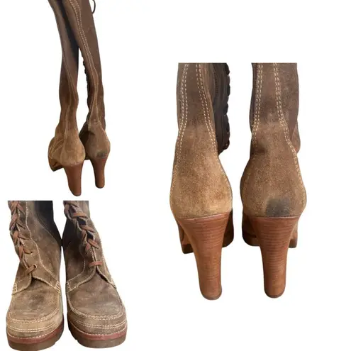 Y2K CHUNKY BROWN SUEDE LACE UP KNEE HIGH MK HEELED BOOTS US SIZE 9