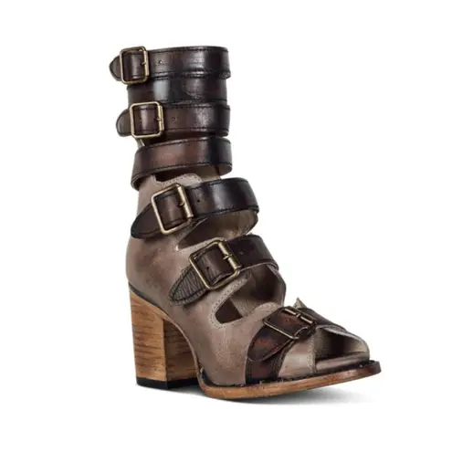 FREEBIRD by Steven Freebird Steven Bond Stone Leather Distressed Strappy Edgy Buckles Ankle Chunky