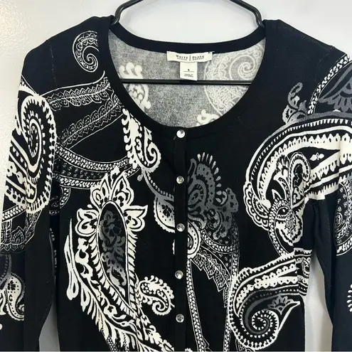 White House | Black Market WHBM Black & White Paisley Rhinestone Button Cardigan Size Small