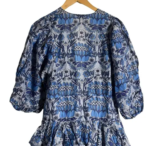Sandro Yana Blue Floral Print Puff Sleeve V-Neck Tiered Mini Dress Size M