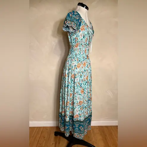 OSTOO Womens Short Sleeve Boho Floral Feminine Tiered Flowy Long Maxi Dress|SZ:M Blue Size M