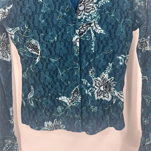 Vintage Y2K INC International Concepts Women's Lace Button Front Blouse Medium Blue