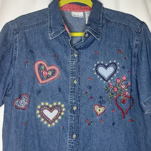 Bobbie Brooks Woman's Med (8/10) Embroidered Floral & Hearts Denim Button Up VTG Blue