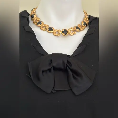 Laura Ashley Black Vintage 1990’S Long Sleeve Black Bow Wool Dress Pleated Sz 8