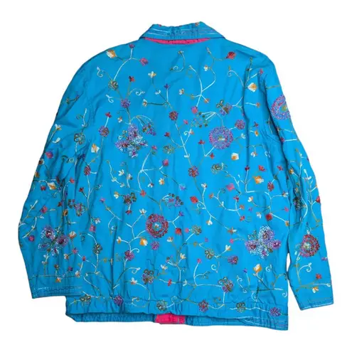 Quacker Factory Vtg Y2K Blue Floral Butterfly Embroidered Beaded Cotton Jacket S