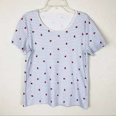 Vintage Blue  & White Gingham Ladybug Picnic Pattern Scoop Neck Tshirt Size S