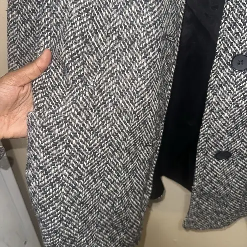 Leslie Fay Womens Medium Black White Herringbone Tweed Button Front Coat Jacket
