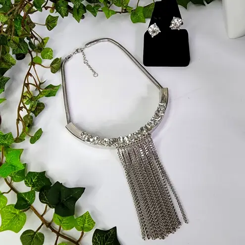 Silver Crystal with Fringe Bar Necklace and Earrings Set