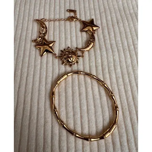 Gold Sun Moon Star Charm Bracelet + Bamboo Bangle Bundle Stainless Steel NWT