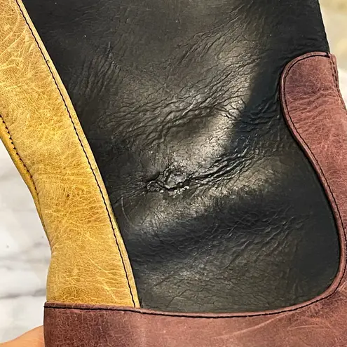 John Fluevog Encourage Kathryn Leather Tall Boots Black Burgundy Yellow 8 GUC