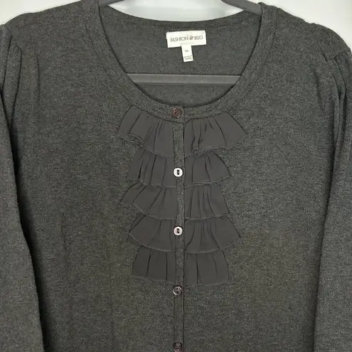 Fashion Bug Women's XL Charcoal Gray Sweater Button Up 3/4 Sleeve Ruffle front