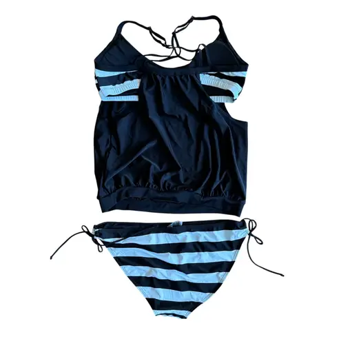 XL Black and White Striped 2 Piece Tankini Swimsuit Set Tie Side Bottoms