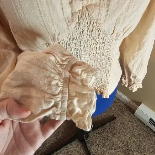 Urban Romantics  Beige Smocked Peasant Puff Sleeve Cottagecore Top