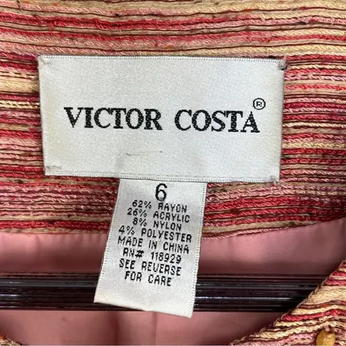 Victor Costa Tweed Bead Detail Crop Blazer Jacket Pink Red Cream 6
