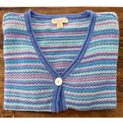A7 Y2K VTG Appleseeds Striped Linen Cotton Blend Button Front Cardigan Sweater Pink Size M