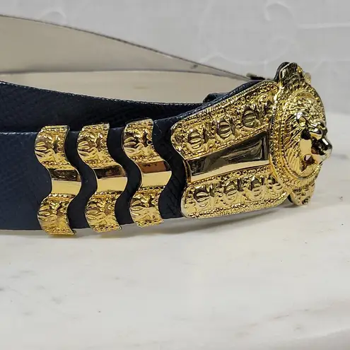 Vintage Judith Lieber Lion Head Belt Blue Snakeskin Leather Gold Buckle Saks 80s