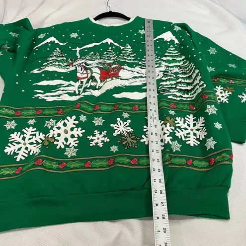 Vintage 90s Green Textured Holiday Horse Carriage Crewneck Sweatshirt Size L
