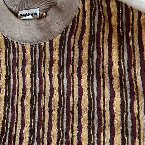 Bonworth Vintage Brown Retro Stripe w/ Gold Metallic Grandpa Sweater - Medium