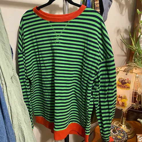 Striped Oversized Long Sleeve Green and Black Crewneck Shirt Top Size Large EUC