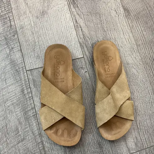 Yokono Genuine Leather Size 8 Suede Cross Strap Slide Sandals Tan
