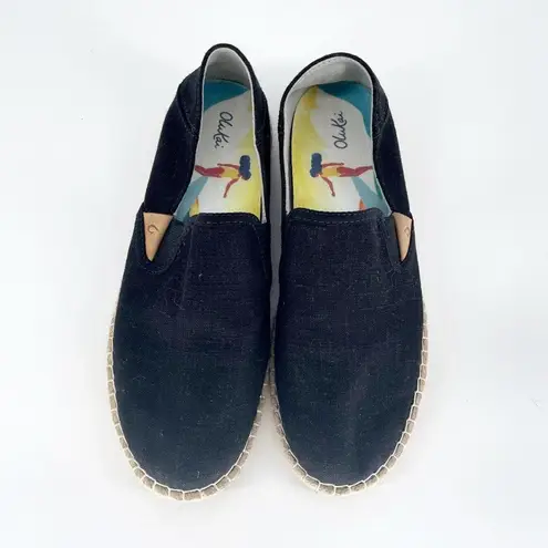 Olukai kaula Pa‘a Kapa Linen Espadrilles Collapsible Heel Black Women’s 7.5