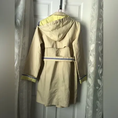 Dennis Basso Classic Natural Trench with Striped Belt hooded buttons cotton sz M