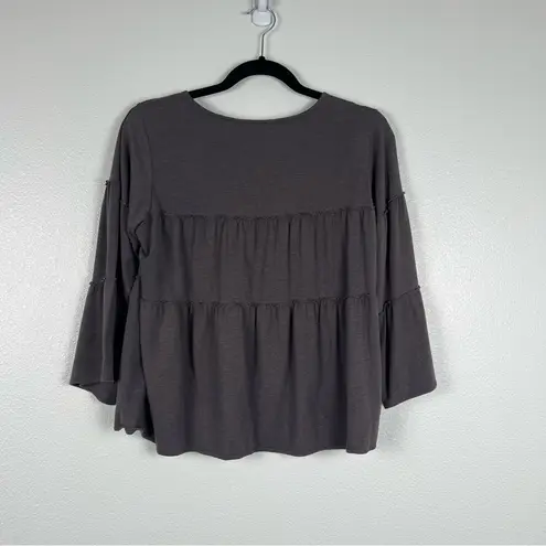 Garnet Hill 3/4 Sleeve Tiered Ruffle Blouse Gray Sz S